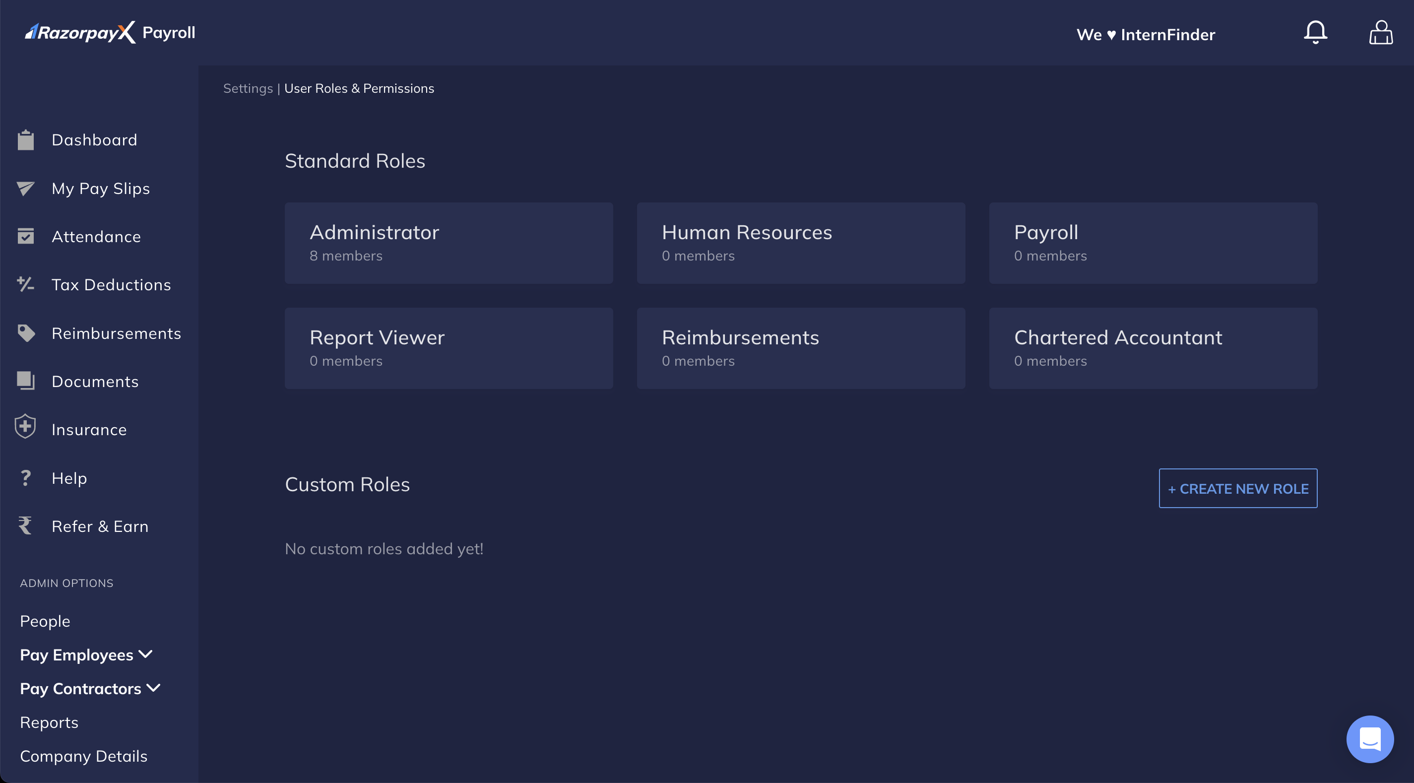 User roles available on the RazorpayX Payroll Dashboard