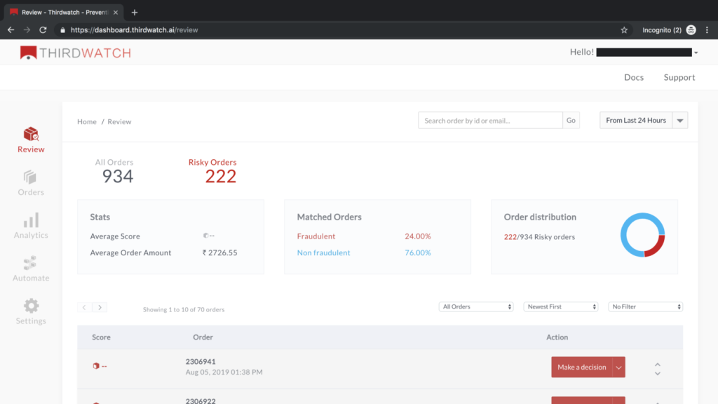 Razorpay Thirdwatch is an AI software that helps you identify non-deliverable addresses before shipping, detect fraudulent orders and so much more