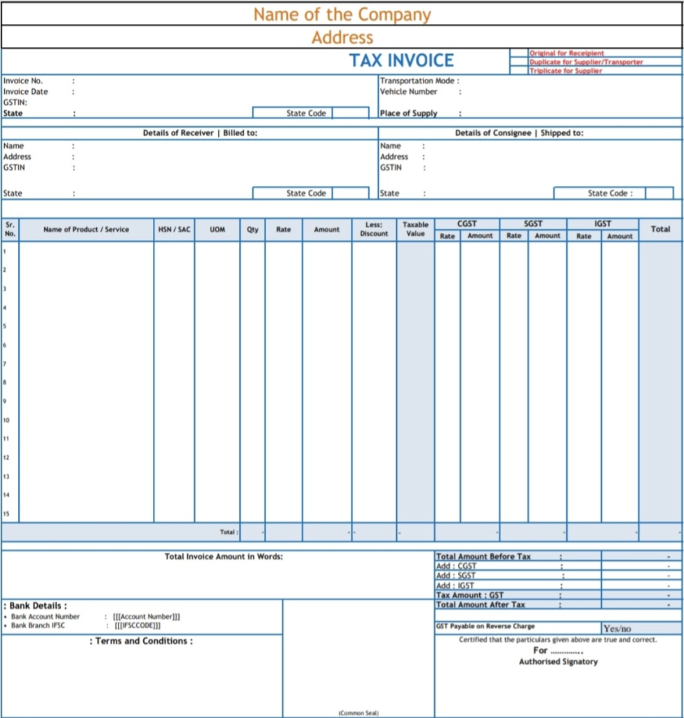 Format of Tax Invoice: 