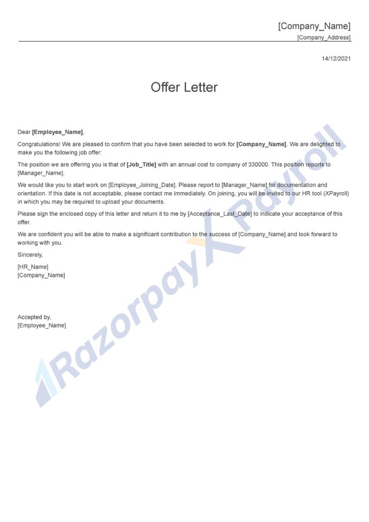 Offer Letter Format (With Free PDF Word Templates) Razorpay Payroll