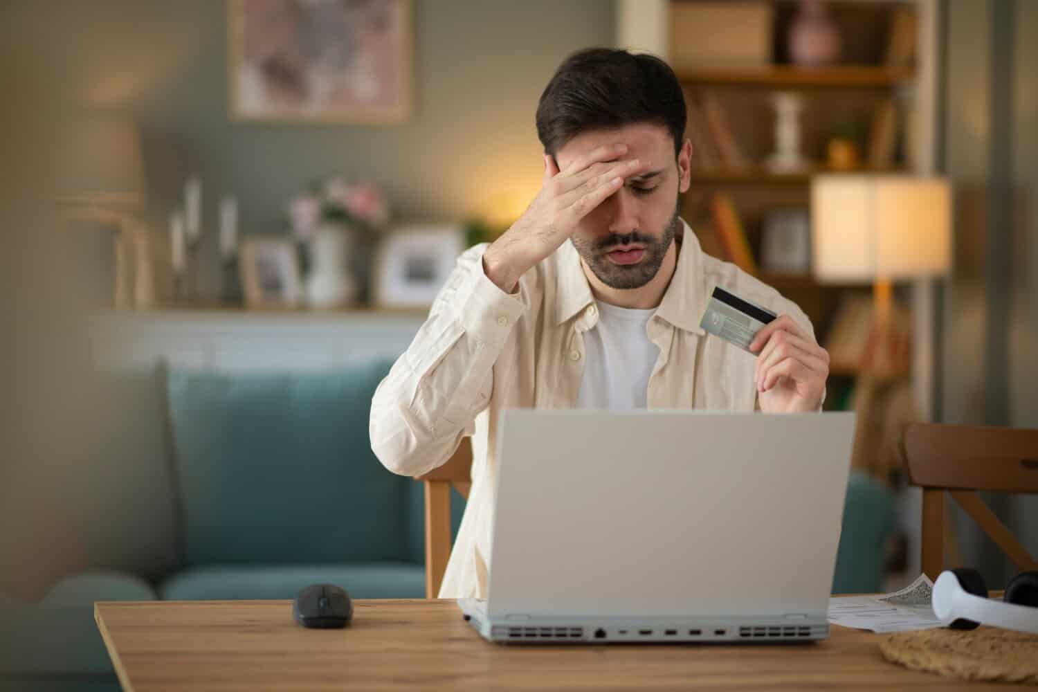 A man’s online credit card payment is declined. One of the most common transaction failures.